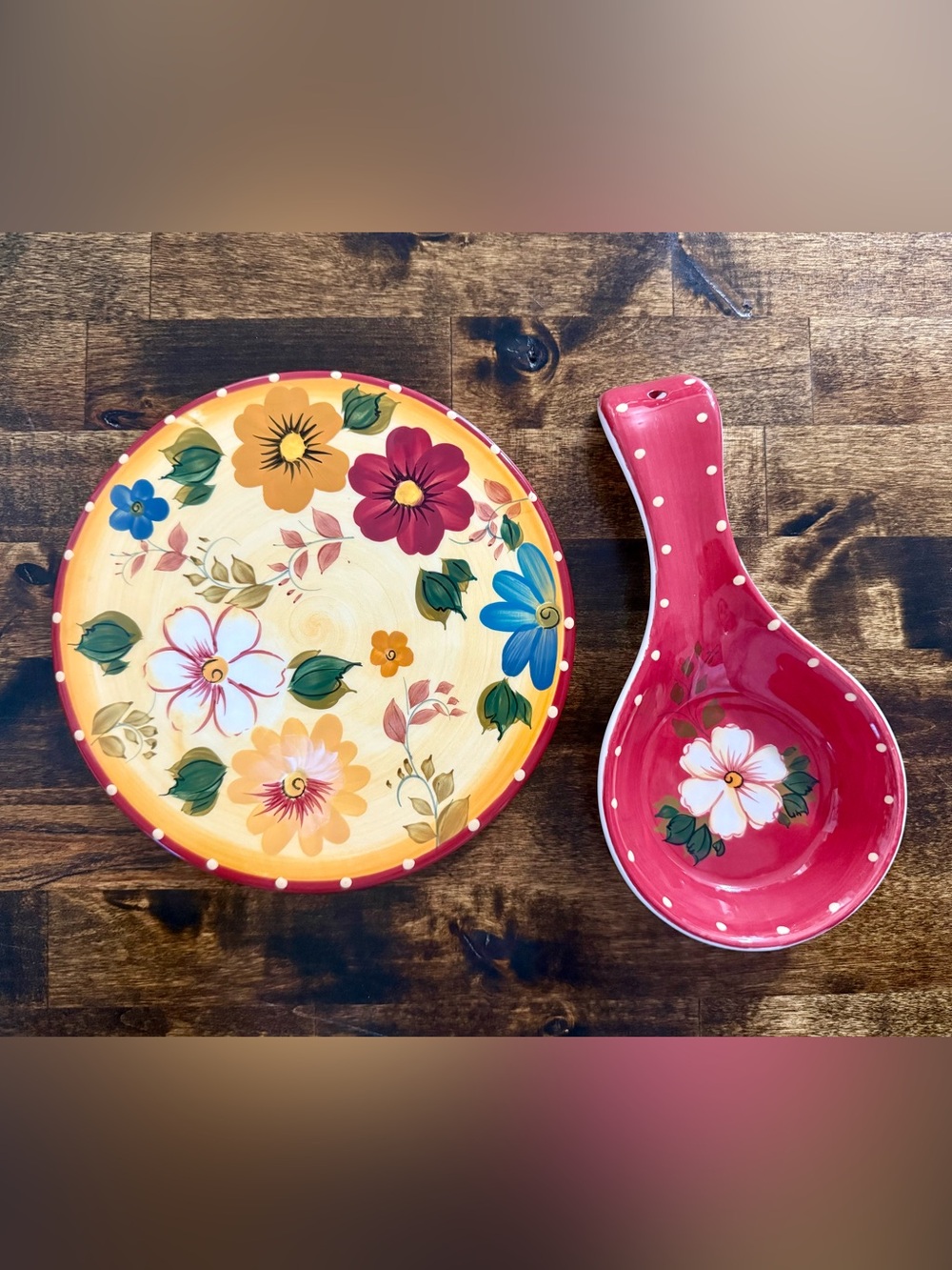 Vintage Oneida 'Sunset Bouquet' Ceramic Trivet and Spoon Rest Set